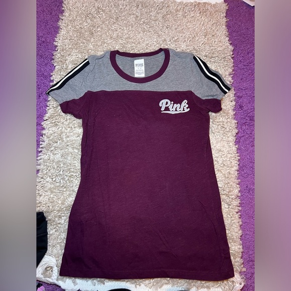 Pink Logo T-Shirt with Striped Sleeves - Picture 1 of 4